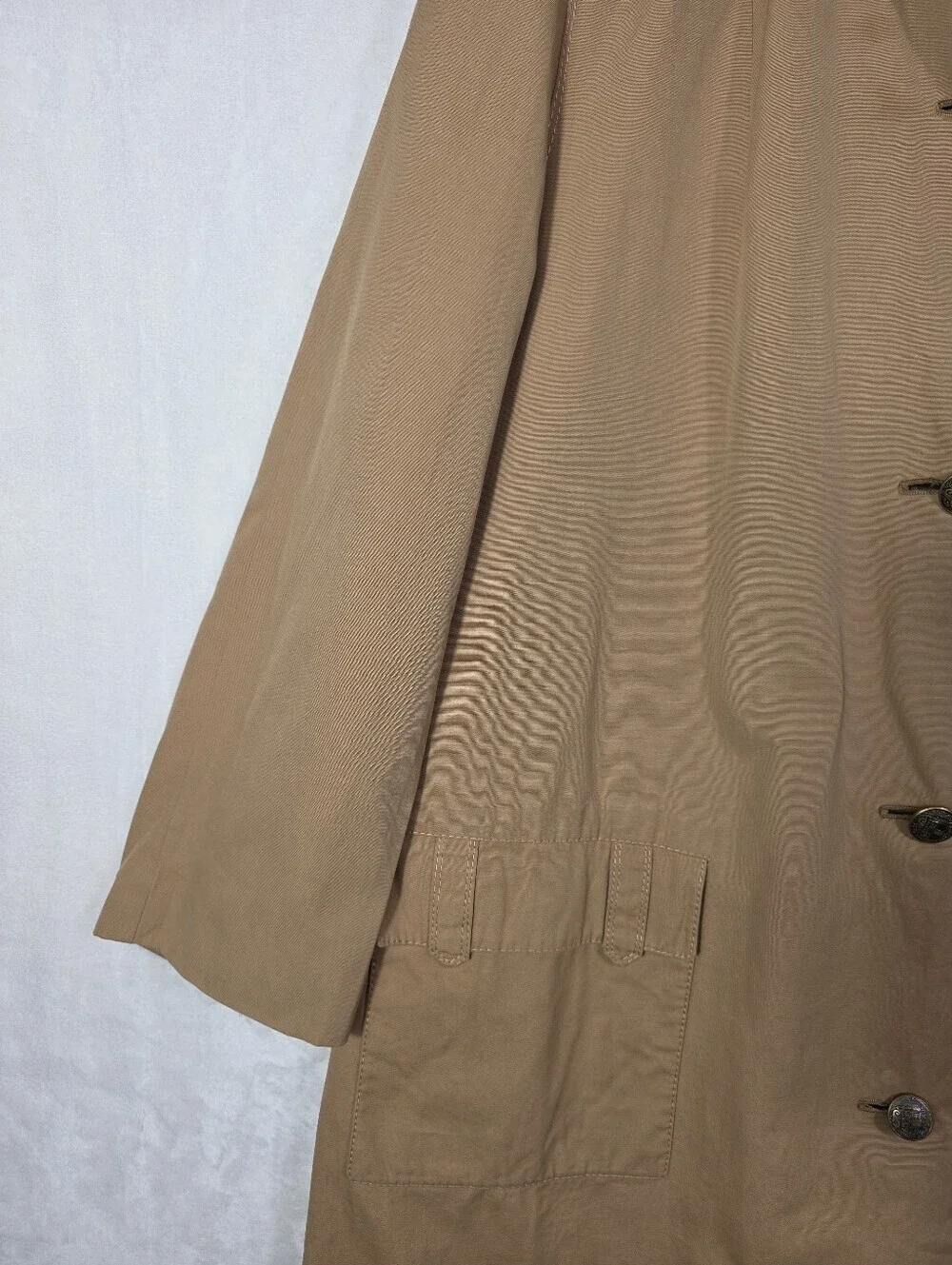 Women's Vintage Trench Coat XL Tan Military Gold Crest Buttons Oversized